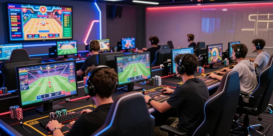 Players using rokok88 link login in a vibrant online gaming lounge with futuristic screens.