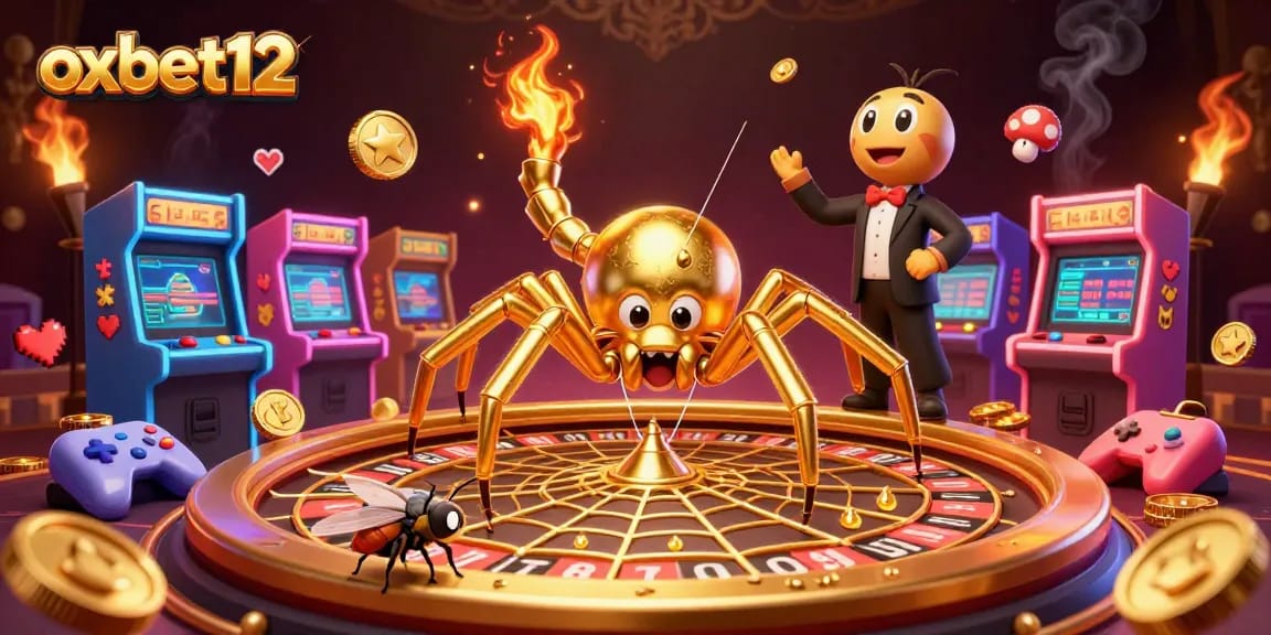 Place bets with the interactive action of oxbet12, where a golden spider spins a roulette wheel web.