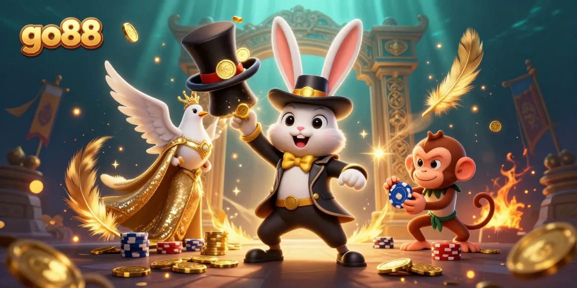 Experience thrilling wins with go88's magical 3D casino illustration featuring coins and excitement.