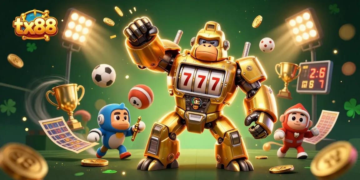 Experience excitement with tx88's dynamic golden gorilla mech amidst thrilling sports betting elements.