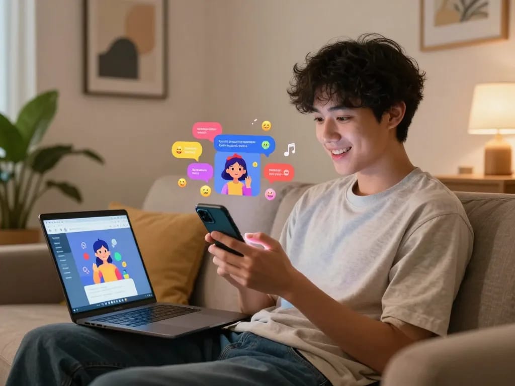 Person interacting with Crushon AI character on smartphone in cozy setting.