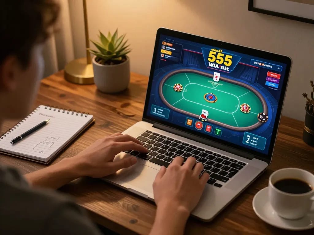 Engaged player using laptop for nhà cái 555win poker game, showcasing strategy notes and ambiance