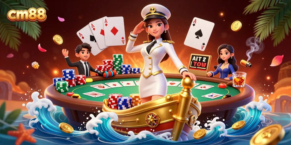 Experience excitement in cm88 with thrilling poker action and golden rewards amidst a vibrant casino scene.
