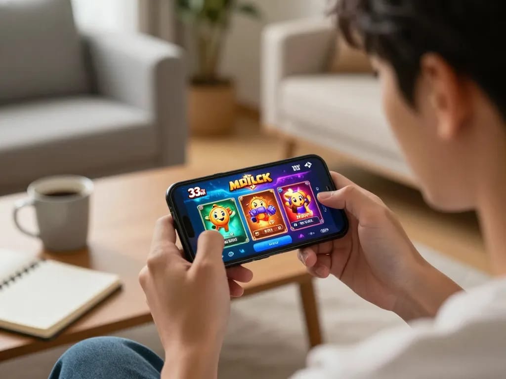 Engaged user playing 33win on mobile app, showcasing dynamic casino experience in cozy home