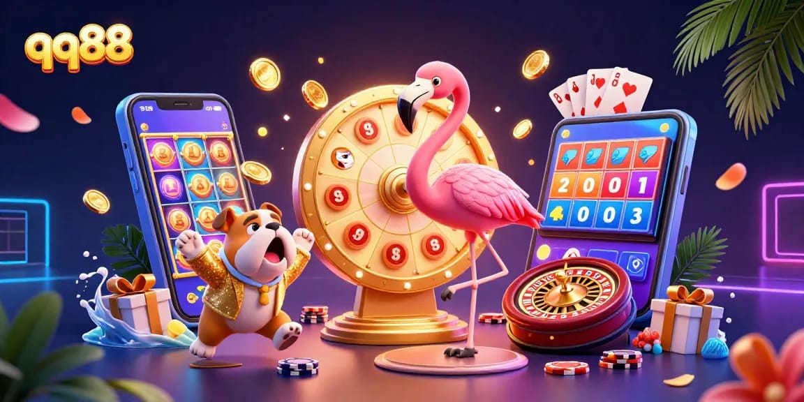 Engaging scene showcasing qq88 with a game show host flamingo and a bulldog contestant, celebrating casino winnings.
