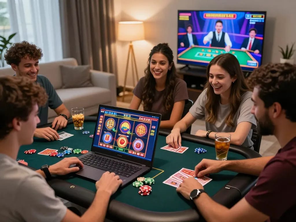 Friends enjoying online casino games at https://go999.de.com with vibrant slot visuals and a lively atmosphere.
