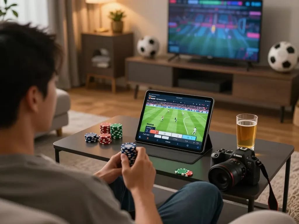 Socolive user enjoying a live football stream on a tablet in a cozy home setting.