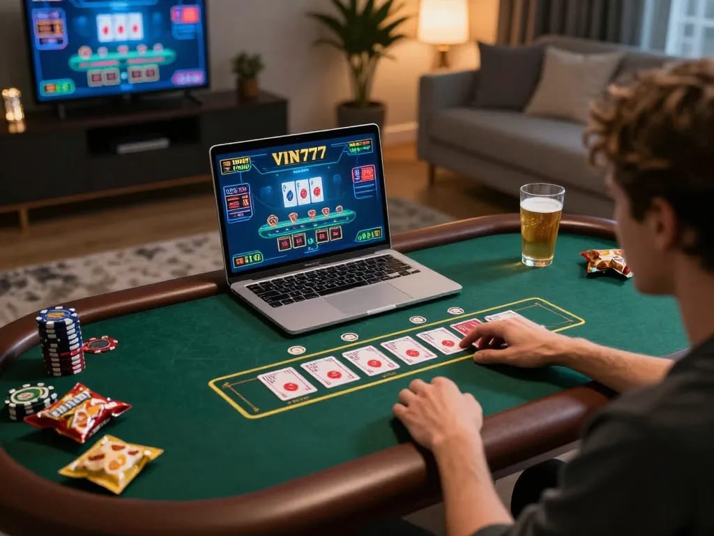 Player enjoying an online blackjack game on VIN777, showcasing vibrant screen action and engaging home setup.