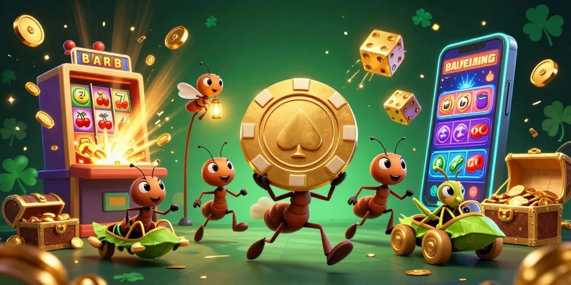 Join the fun at vua88 with cartoon ants on a heist, golden poker chip, and dynamic casino elements.