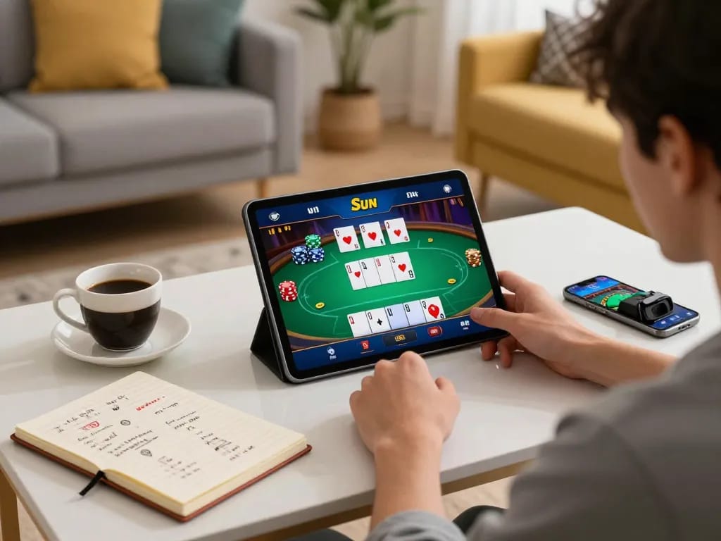 Người chơi tham gia ứng dụng casino Sun Win trên máy tính bảng với trò chơi poker hiển thị trên màn hình.