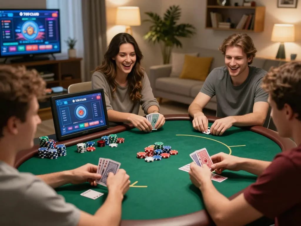Bạn bè tận hưởng một đêm chơi poker với ứng dụng trò chơi 789 club trên màn hình, không khí xã hội sôi động.