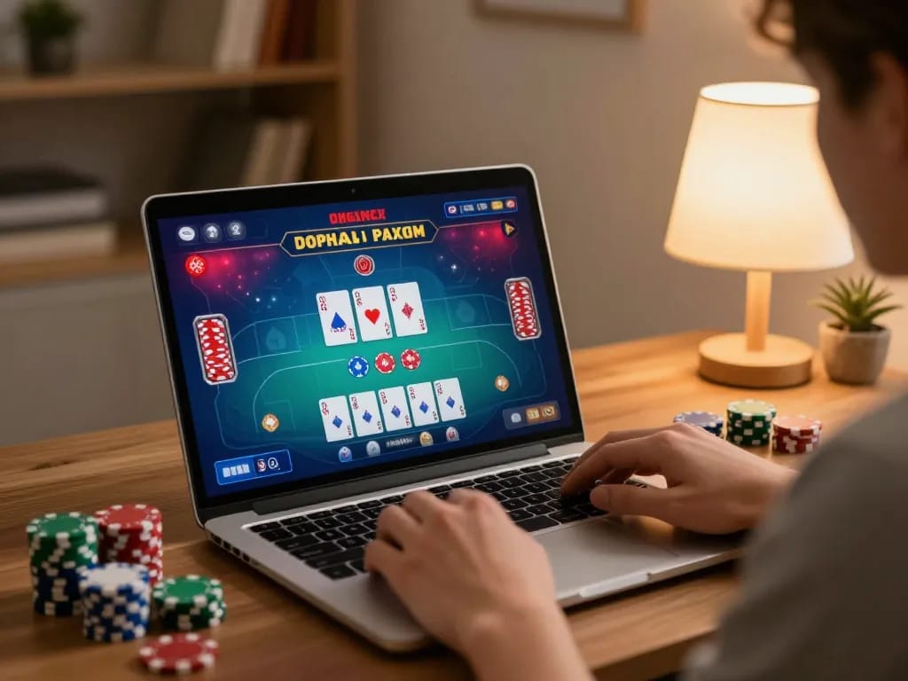 SX88.com showcases vibrant online poker gameplay on a laptop in a cozy home setting