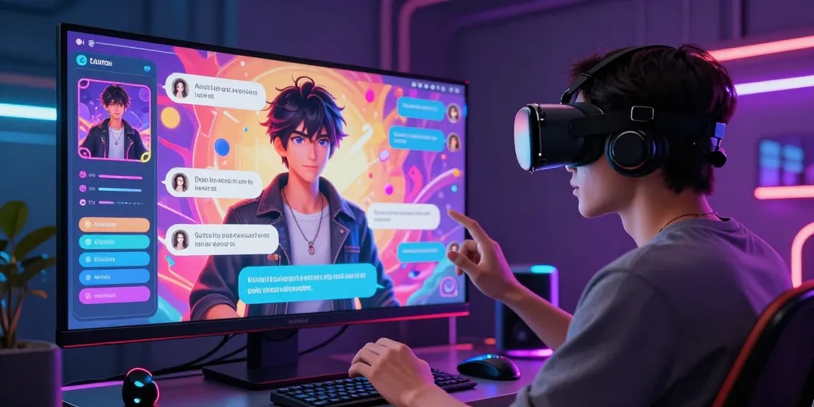Engaging ai hentai chat with futuristic character and VR user in vibrant digital environment.