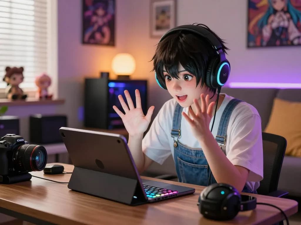 Interactive scene of hentai ai chat on a tablet, showcasing vibrant character expressions and anime-themed decor.
