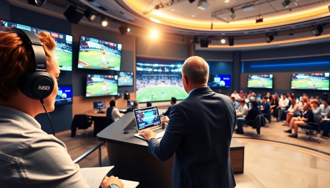 Engaging scene of Sports Broadcasting with a professional presenter at a modern studio.