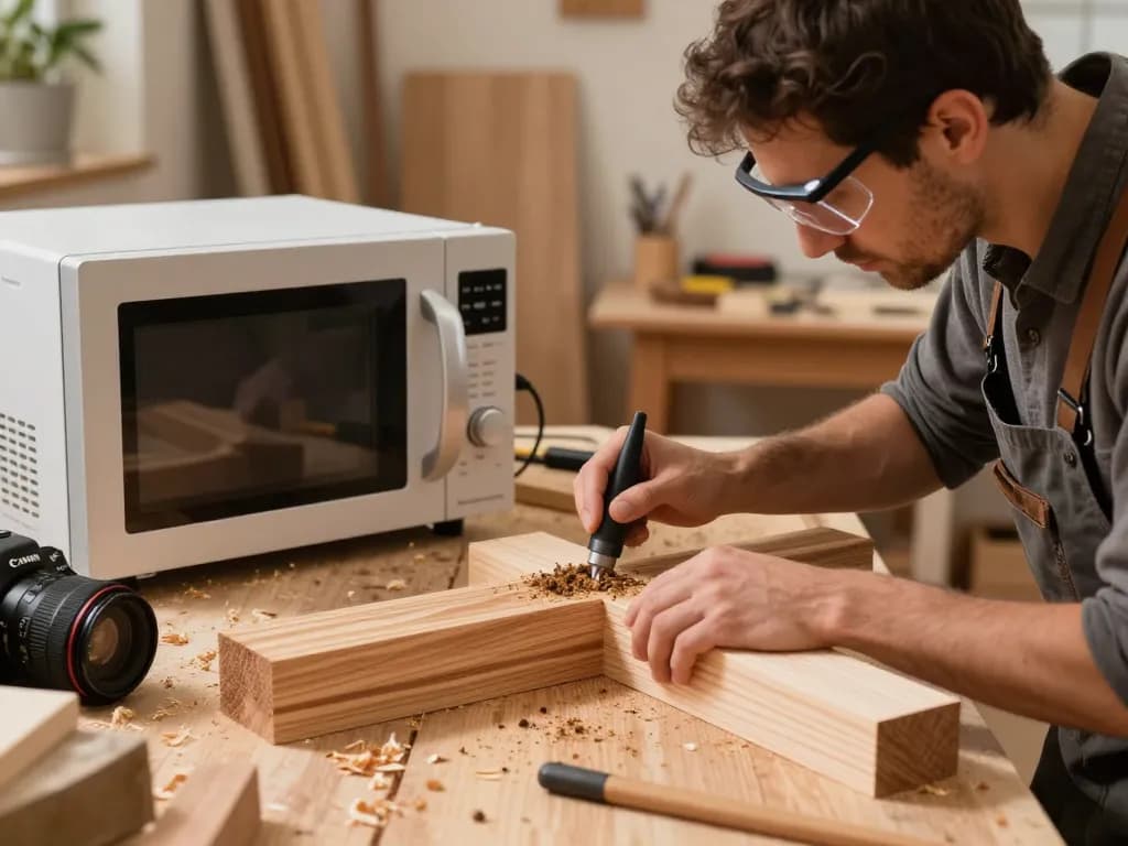 Trattamento microonde antitarlo in un'accogliente officina, artigiano che utilizza attrezzature moderne per un'efficace rimozione dei parassiti del legno.