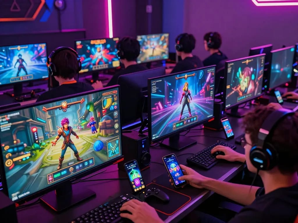 Exciting gameplay scene of mind control porn games featuring animated characters on various devices.