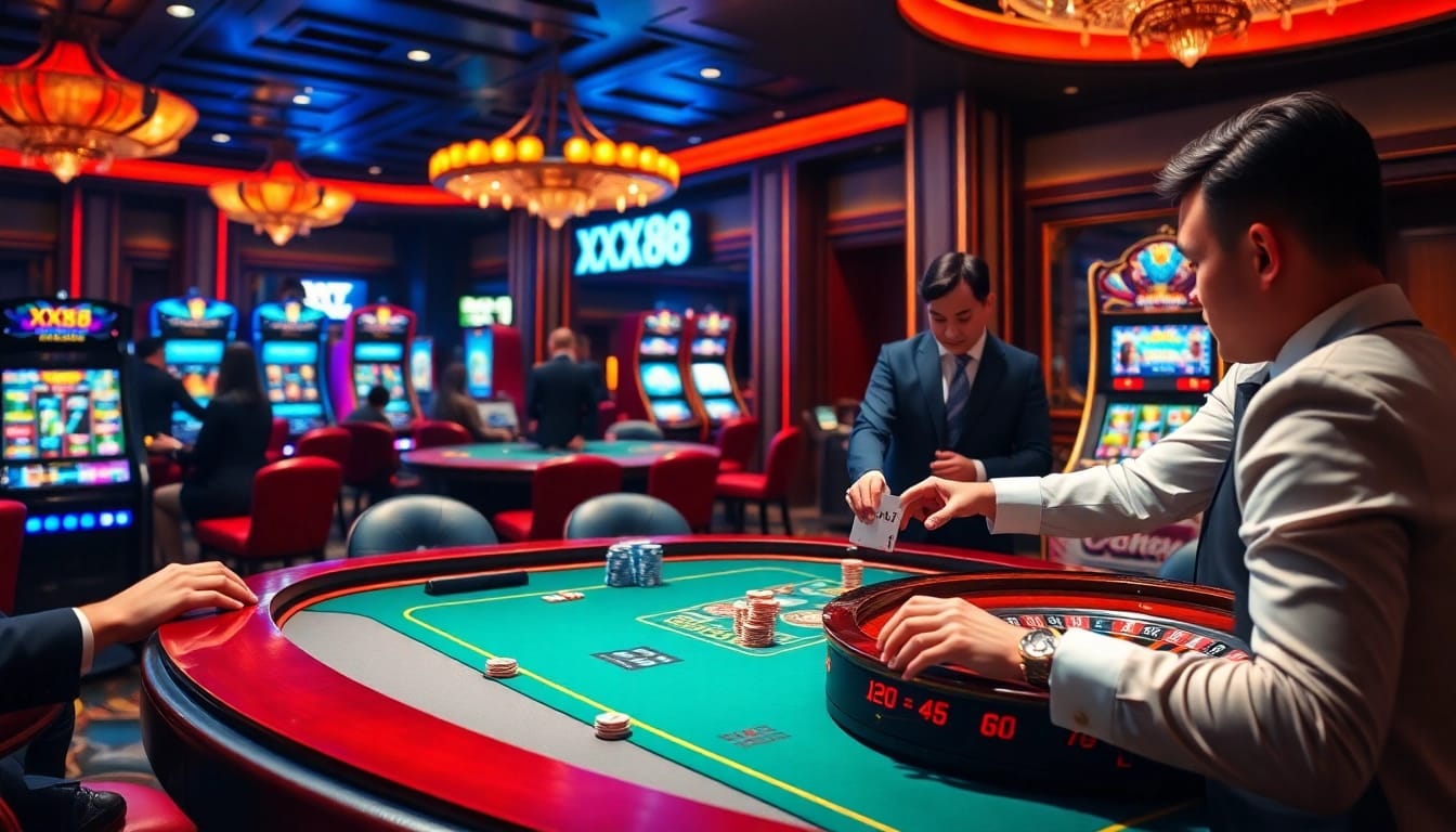 Engage with thrilling gambling action at XX88's luxurious poker table and roulette wheel.