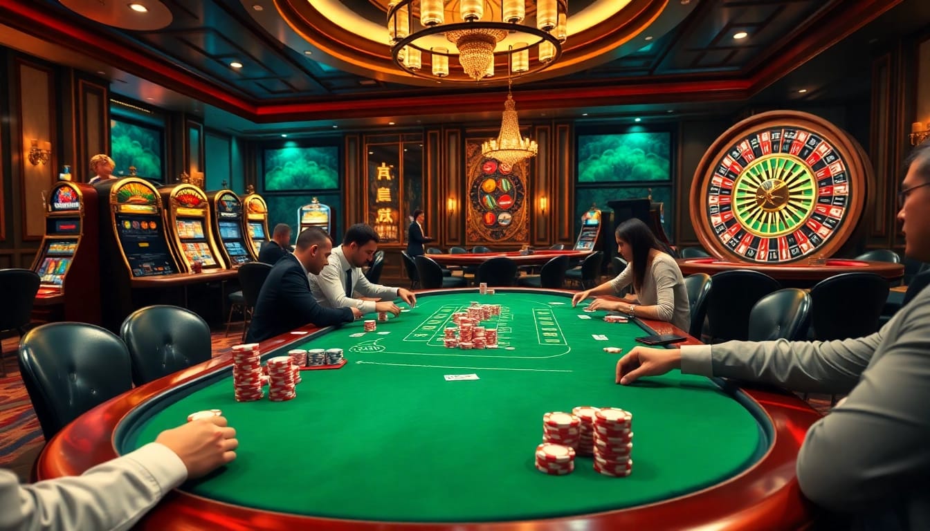 Engaged players in a high-stakes poker game at https://rr88xpj.com/ featuring stacked chips and vibrant casino ambiance.