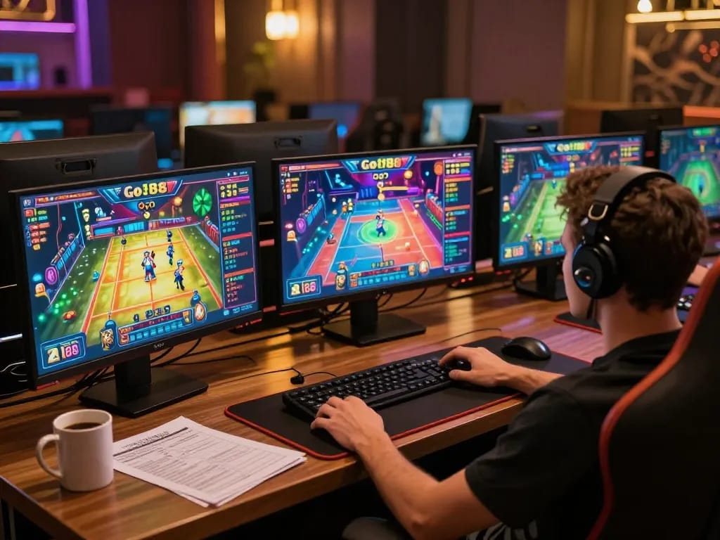 Trải nghiệm chơi game hấp dẫn tại sòng bạc Go 88 trên nhiều màn hình, thể hiện một môi trường trò chơi trực tuyến.