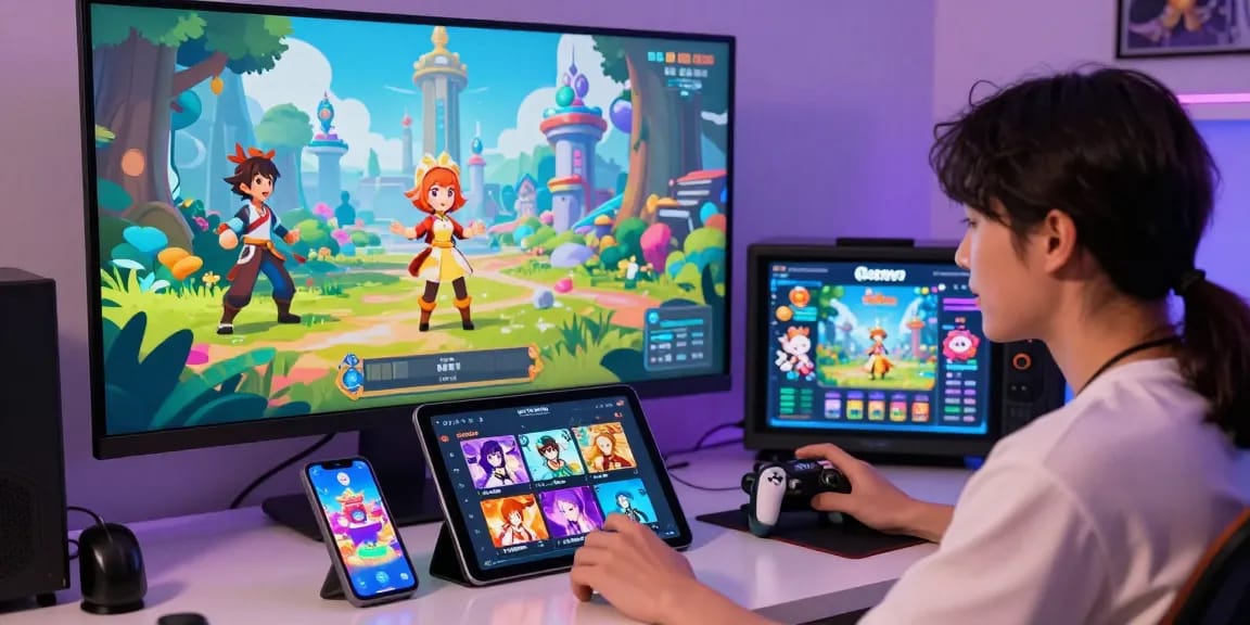 Playful characters engaging in a vibrant hentai game environment with glowing devices and fantasy landscapes.