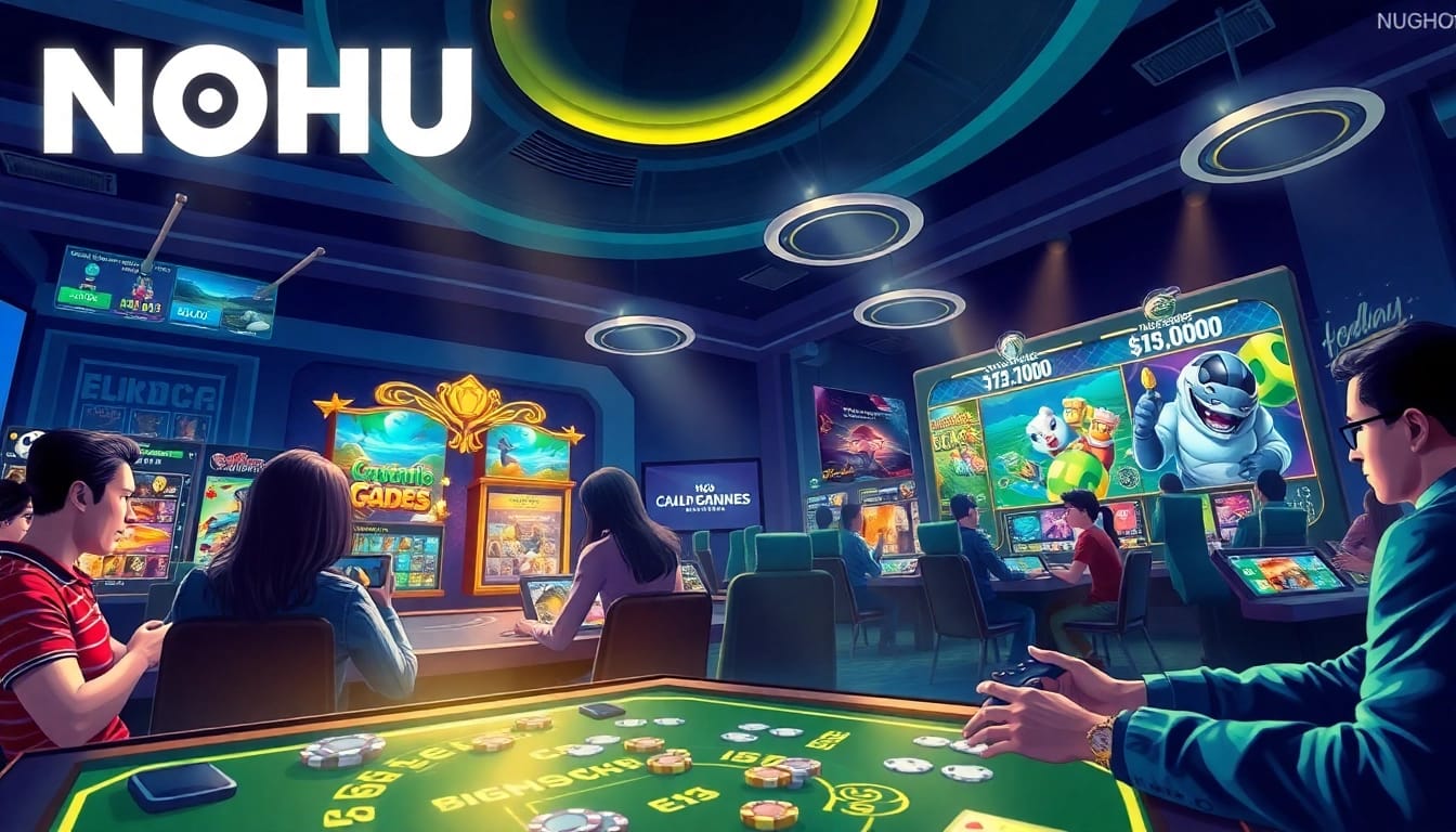 NOHU online gaming platform representation with vibrant graphics and players in action.