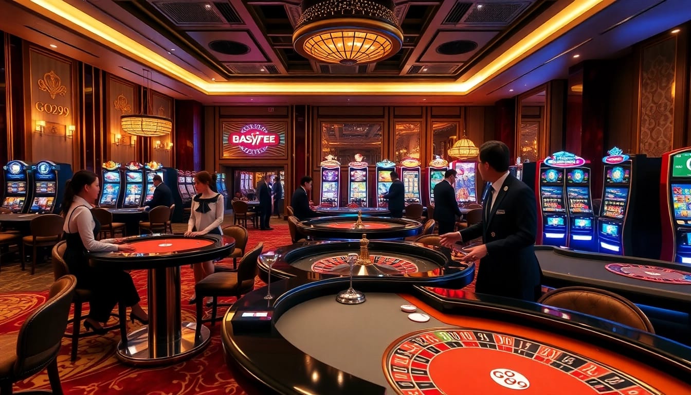 GO99 live casino scene showcasing elegant dealers and vibrant slot machines.