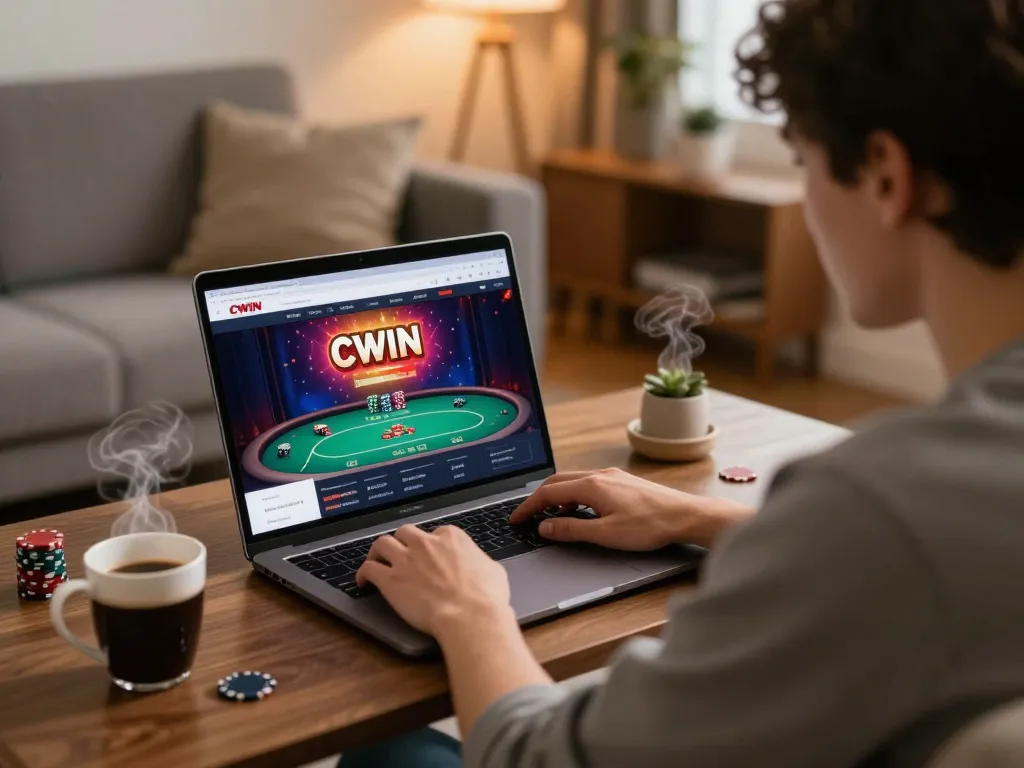 CWIN online casino gaming with engaged player in a cozy home setting