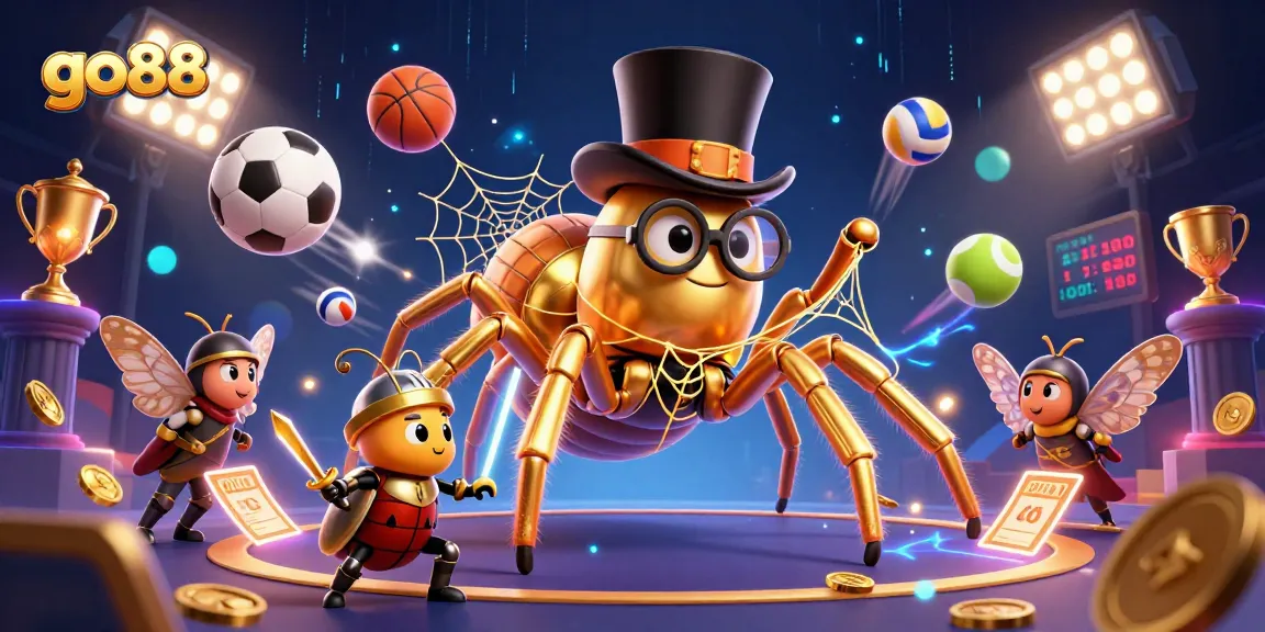 Go888 features a vibrant casino scene with a golden tarantula, beetle knight, and sports elements.