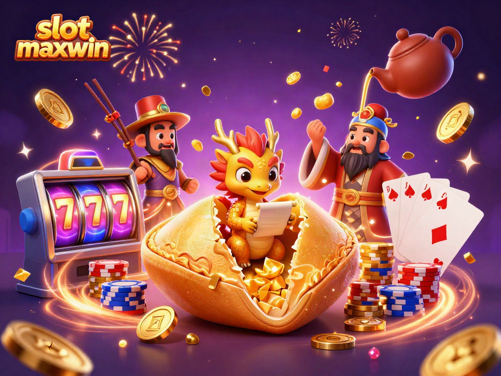 Spin the reels of slot maxwin as a golden fortune cookie reveals lucky winnings with vibrant casino elements.