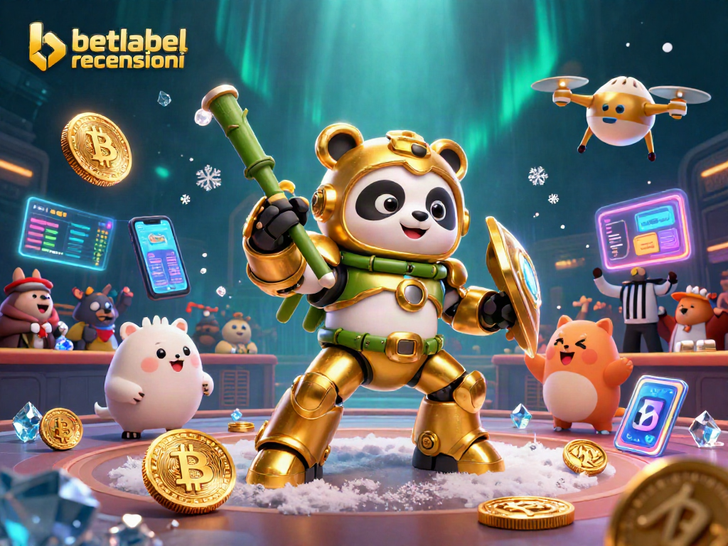 Engage with betlabel recensioni through an animated casino showdown featuring a golden panda robot and crypto elements.