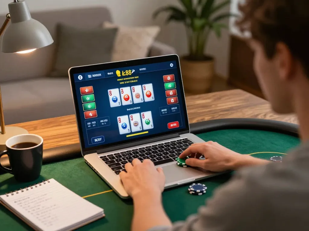 Engaged player enjoying lc88 online poker game on laptop, emphasizing strategic betting.