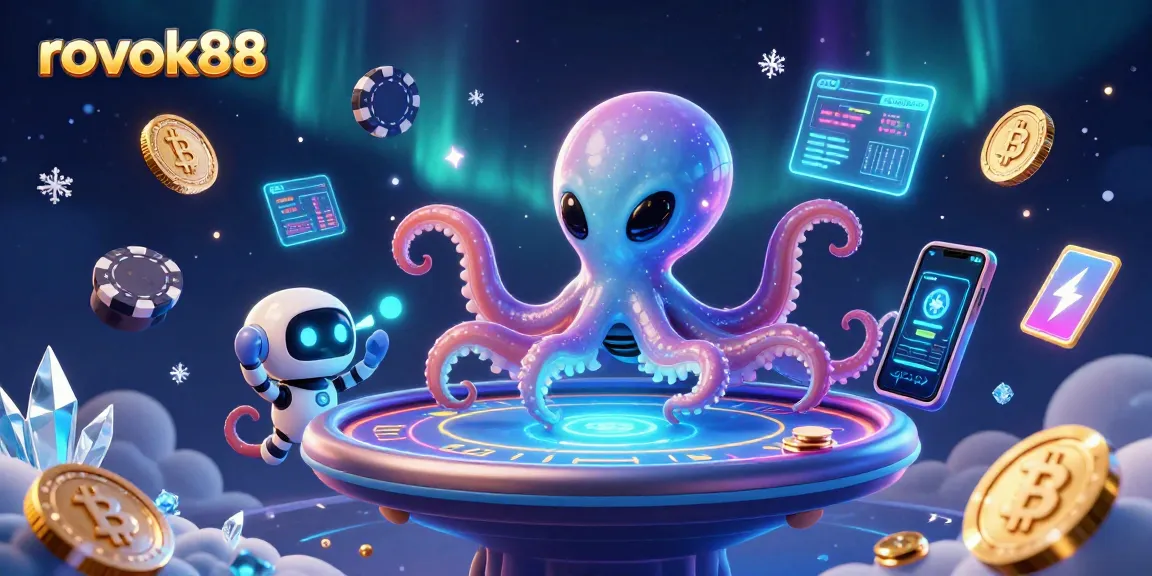 Play poker in style with rokok88, featuring an alien octopus at a holographic table inside a shimmering galaxy.