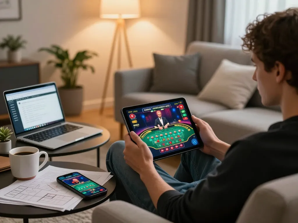 Engaged player on tablet for tr88 online casino game in a cozy home atmosphere