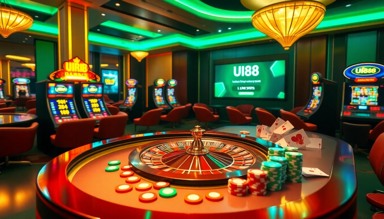 Gambling scene featuring the link uu88, showcasing roulette chips and digital slot machines in an exciting casino atmosphere.
