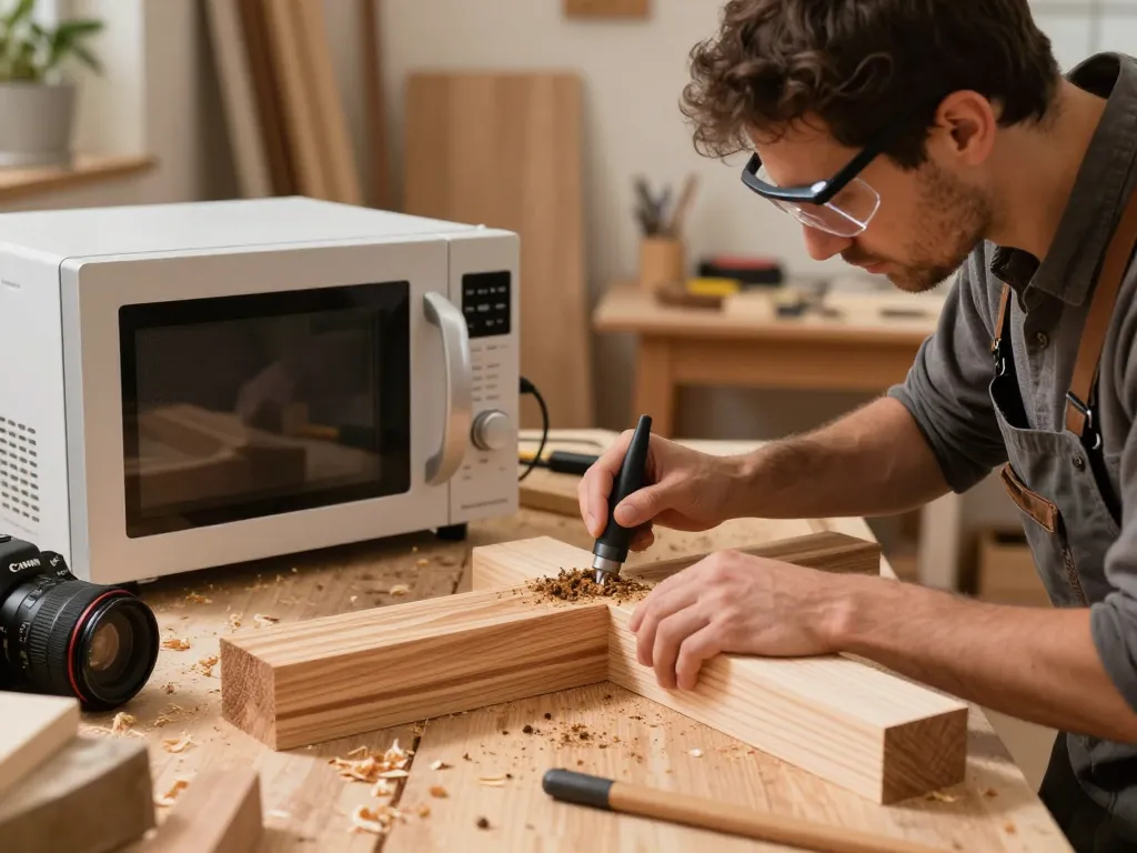 Trattamento microonde antitarlo in un'accogliente officina, artigiano che utilizza attrezzature moderne per un'efficace rimozione dei parassiti del legno.