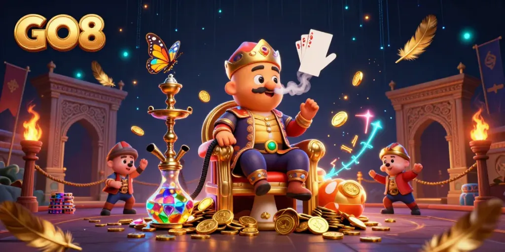 Experience GO8 excitement with a vibrant scene of a caterpillar hookah-master amidst rich casino elements.