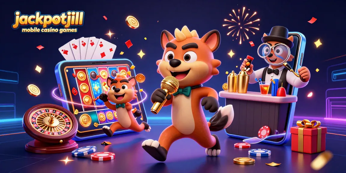 Experience jackpotjill mobile casino games with a lively 3D scene featuring hyenas in a comedy casino.