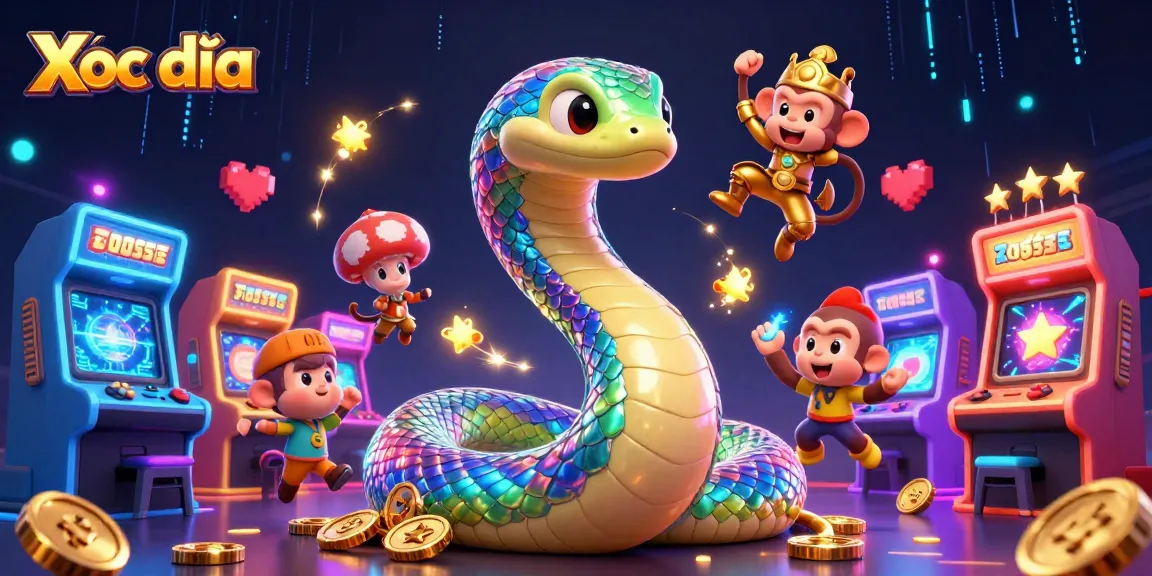 Xóc đĩa players engage with vibrant 3D arcade machines and a playful monkey king amidst shining elements.