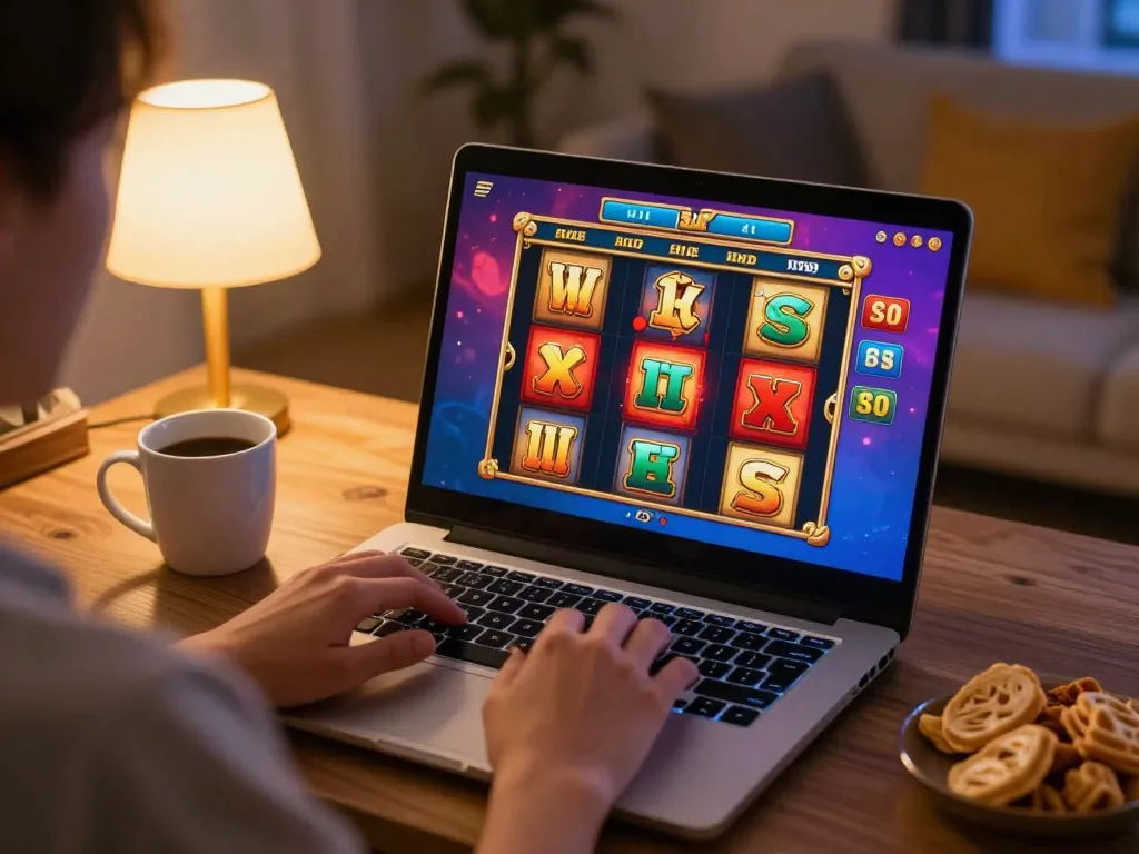 Player enjoying a thrilling slot game online at surewin with a cozy home setup