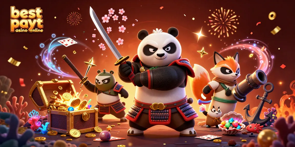 Experience the thrill at the best payout casino online with samurai panda and friends celebrating wins.