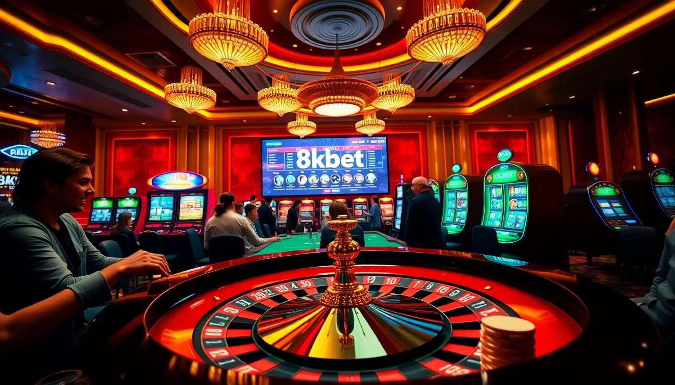 Excited gamers at an 8kbet casino, featuring vibrant roulette and slot machines.