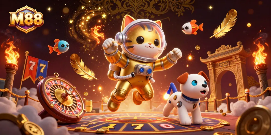 M 88 casino scene with a space astronaut cat and robot dog surrounded by slot reels, gold coins, and cosmic effects.
