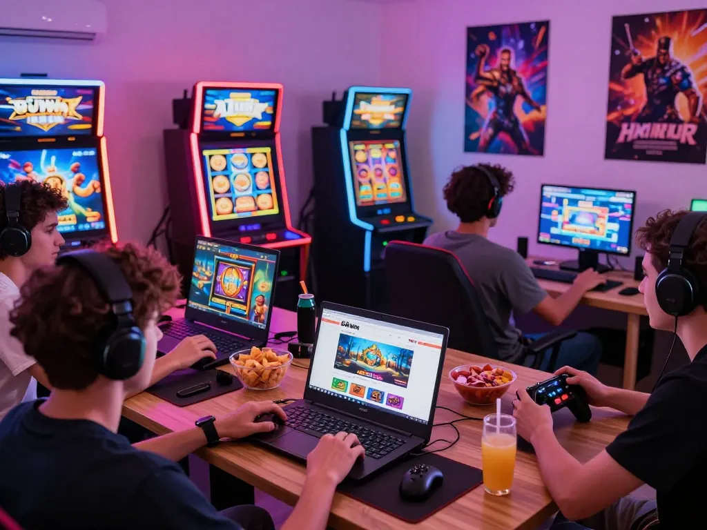 Users enjoying online gaming on 68win website with vibrant atmosphere and devices.