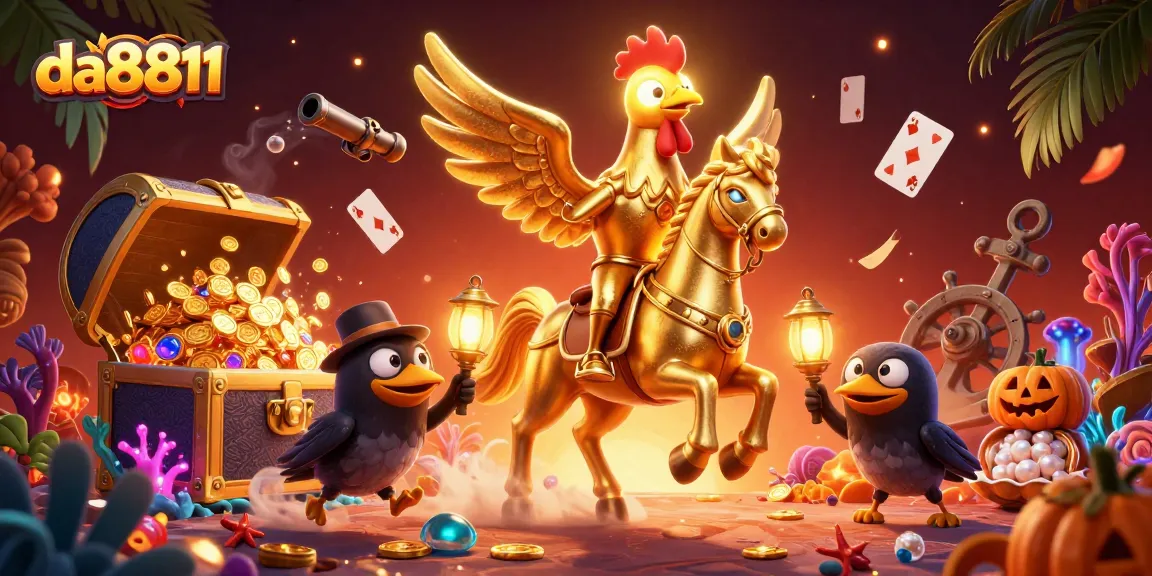 Experience the excitement of da8811 in this vibrant casino scene with golden rooster characters amidst gaming treasures.