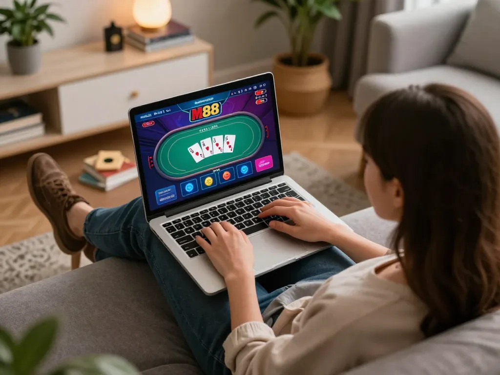 M88 players enjoy engaging online poker in a cozy home setting, revealing a blend of strategy and comfort.