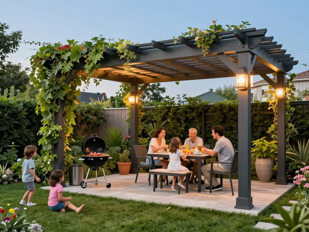 Famiglia che si gode un configuratore pergole con preventivo in un incantevole giardino durante una giornata di sole.