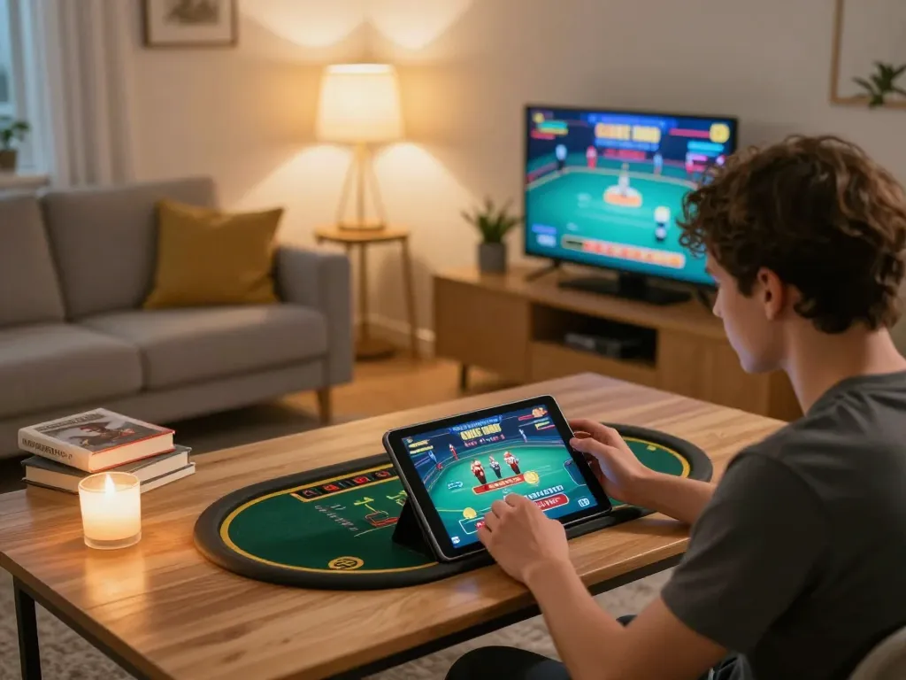 Giocatore immerso nelle recensioni di Chicken Road Casino su un tablet in un accogliente ambiente domestico, che si gode il gioco responsabile.