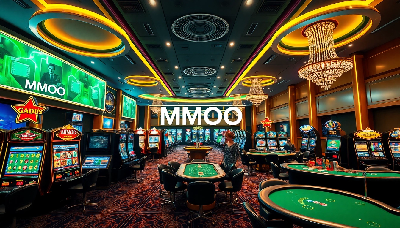 MMOO luxurious online casino environment with vibrant games and inviting atmosphere.