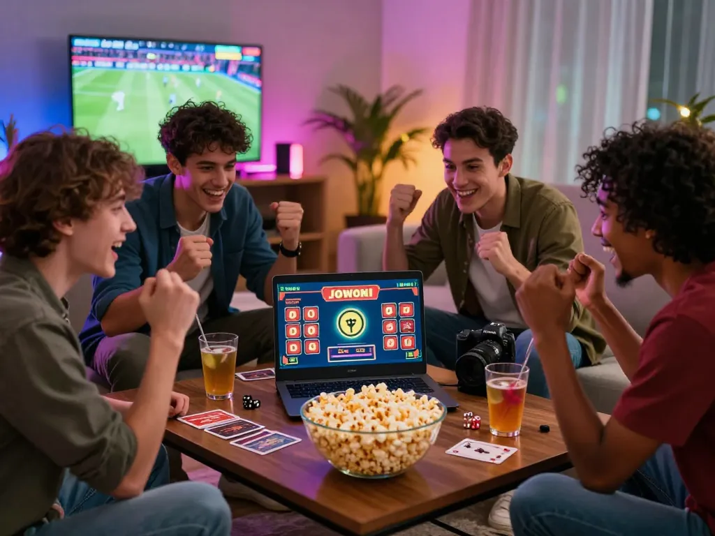 Excited friends celebrating a jackpot win at https://nohu78.de.com, cozy gaming atmosphere with vibrant lights.